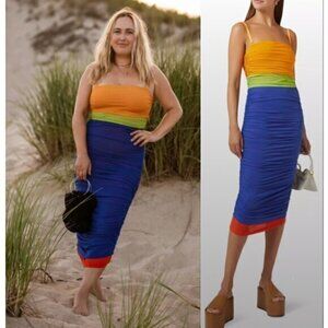 Simon Miller Dress Jota Midi Mesh Ruched in Colorblock Blue Orange Green